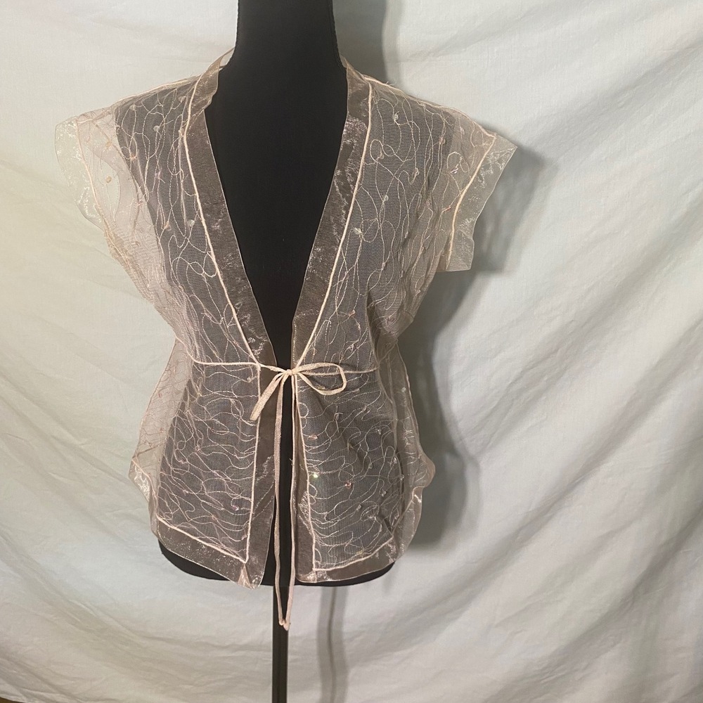 Kenar Womens Medium Sheer‎ Mesh Sequin Embroidered Tie Front Vest Champagne Pink